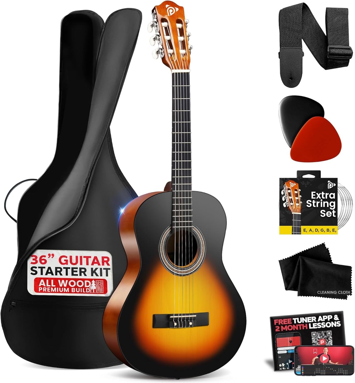 3/4 Junior Classical Acoustic Guitar 36in Starter Kit Sunburst