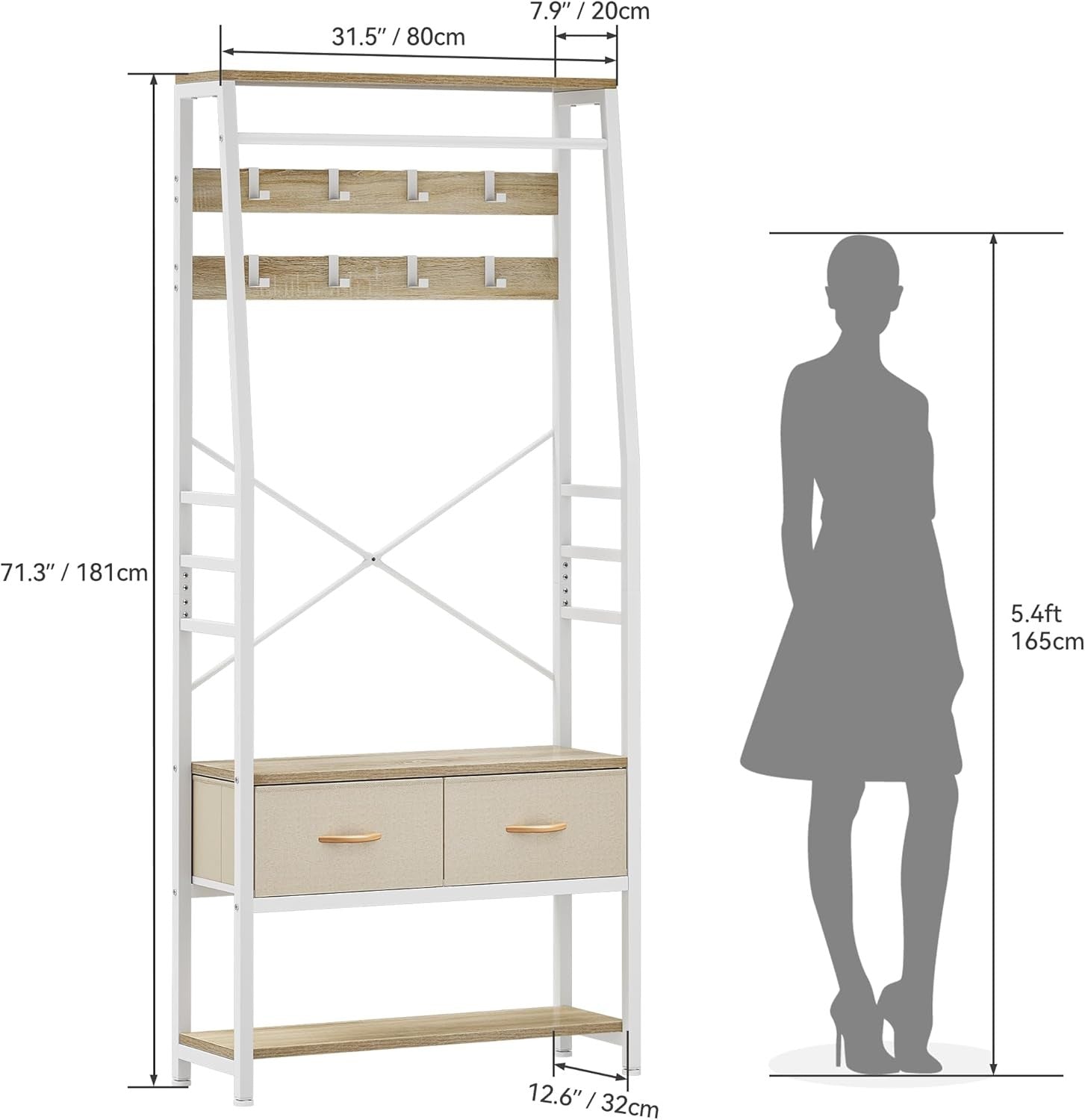 Beige Hall Tree Coat Rack with Bench | Shoe Storage & Drawers Entryway Stand