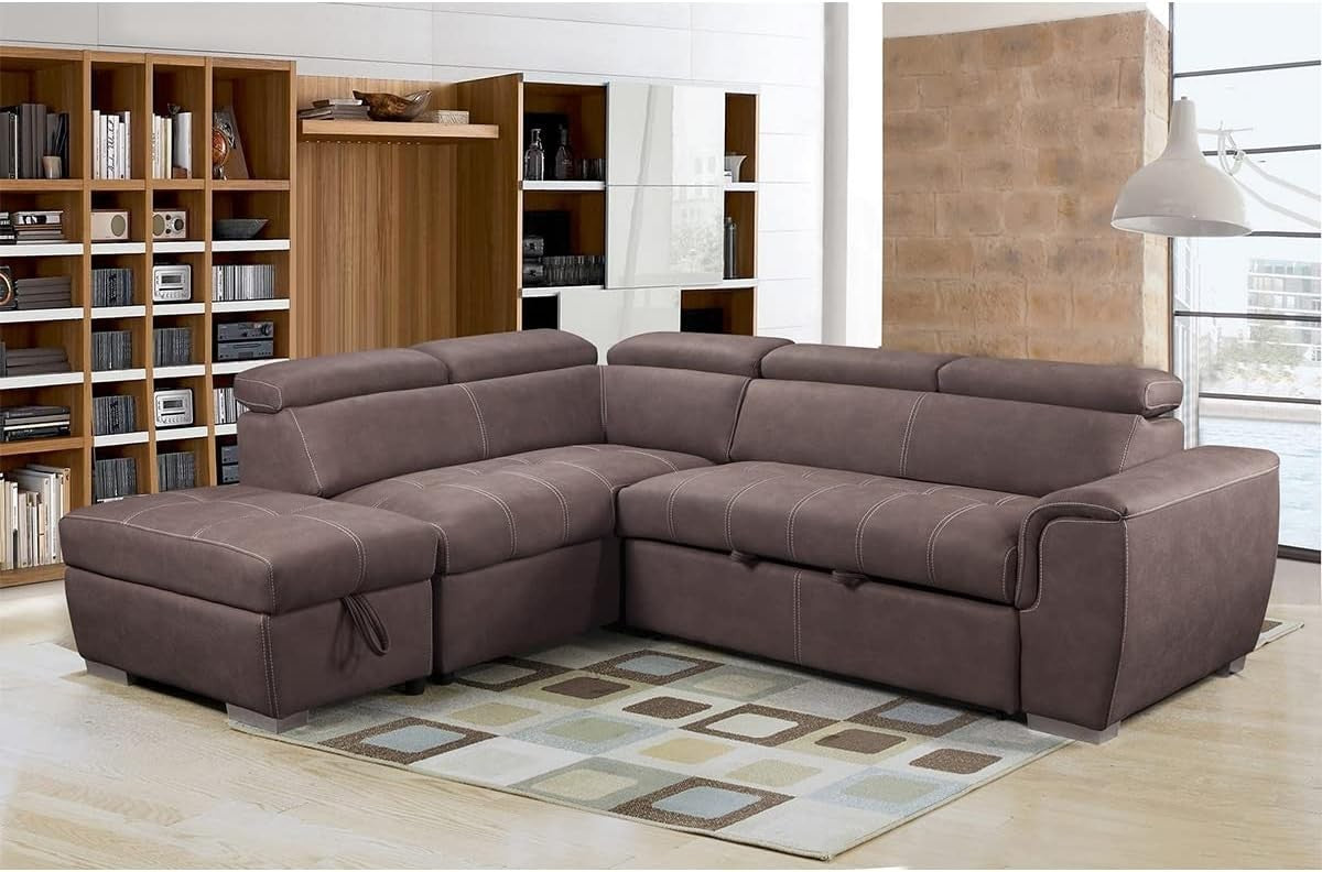 Large Brown Suede Corner Sofa Bed w/ Ottoman – L Shape, Storage & Headrest