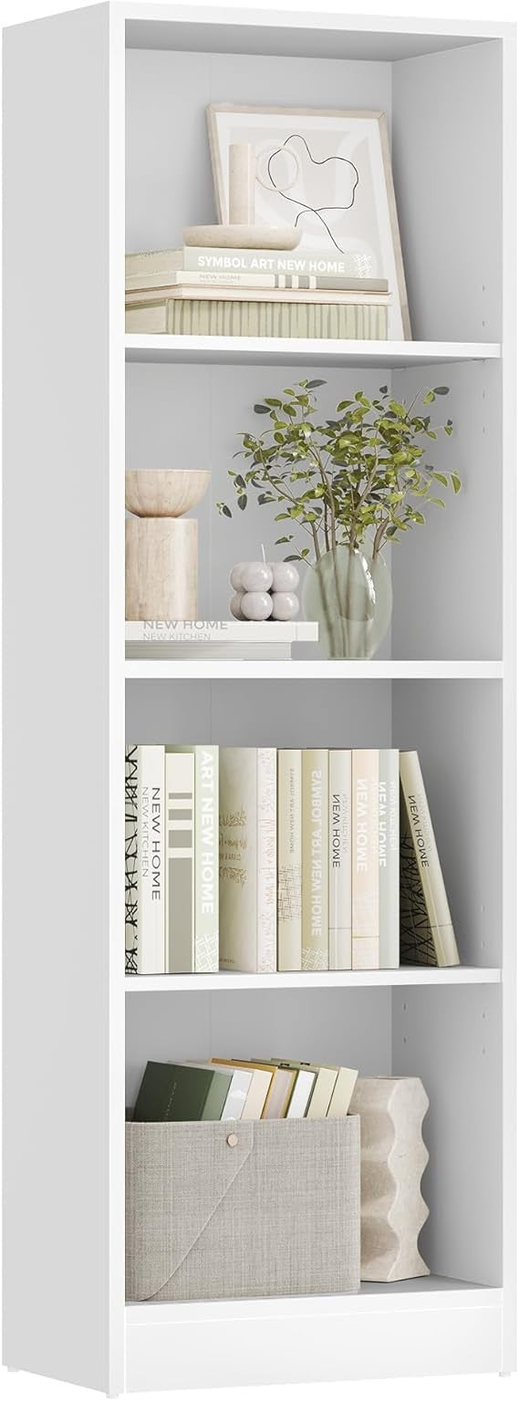4-Tier White Bookcase Adjustable Shelves Tall Storage Unit Home Office Kids