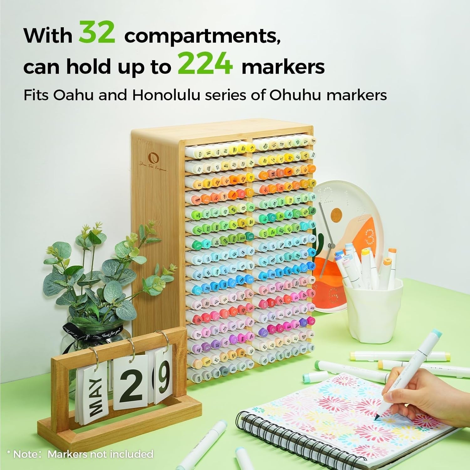 Bamboo Marker Organizer Desk Holder 18 Compartments Art Pens Storage