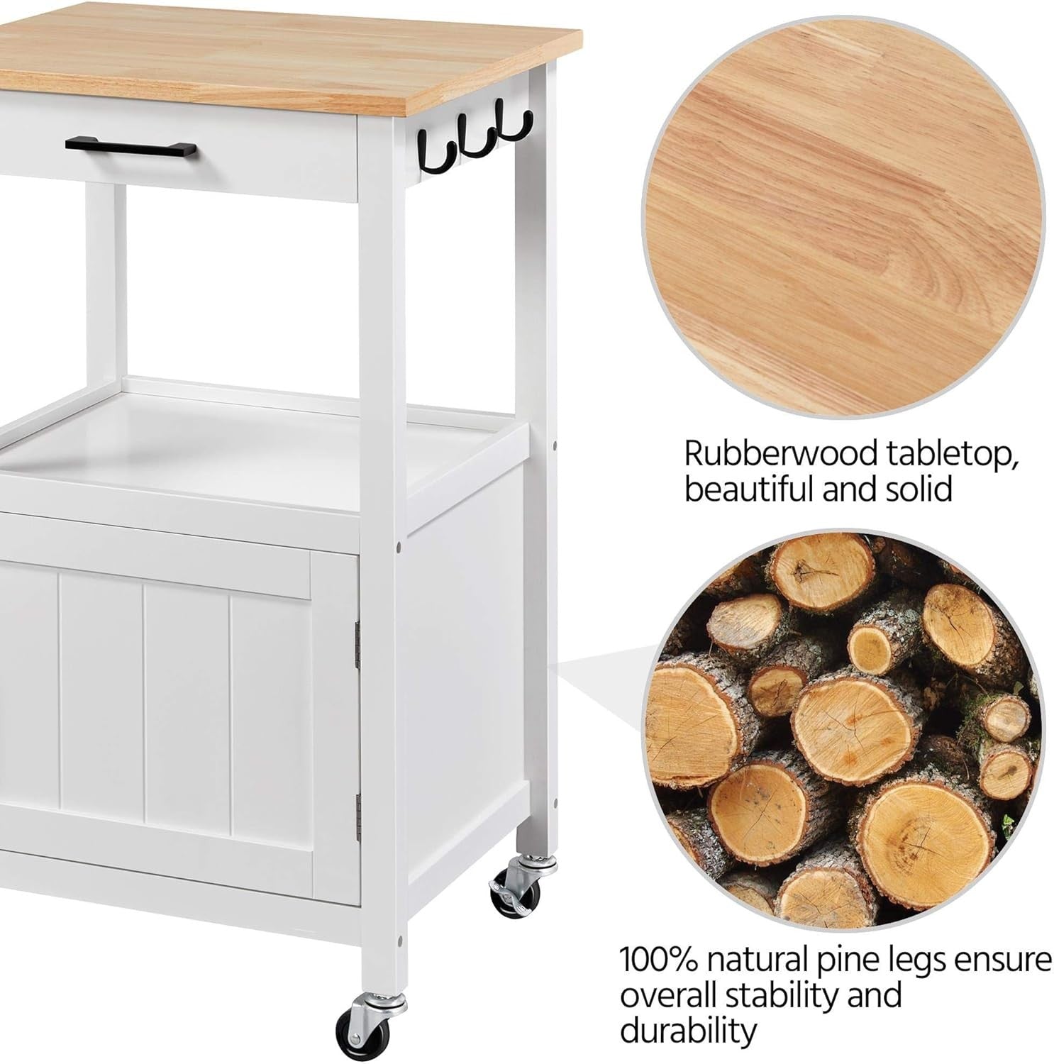Kitchen Island Trolley on Wheels with Cabinet Drawer Hooks Rolling Serving Cart