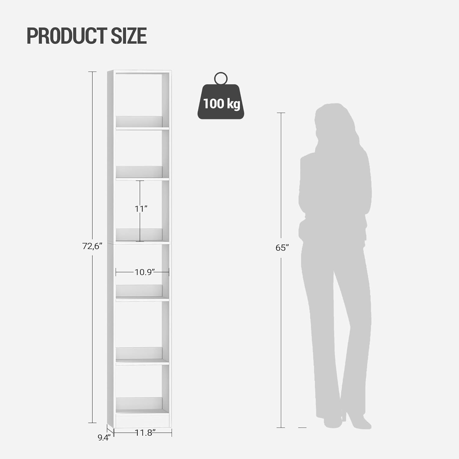 Modern 6-Tier White Wooden Bookshelf, Adjustable Shelves, 24x30x184 cm
