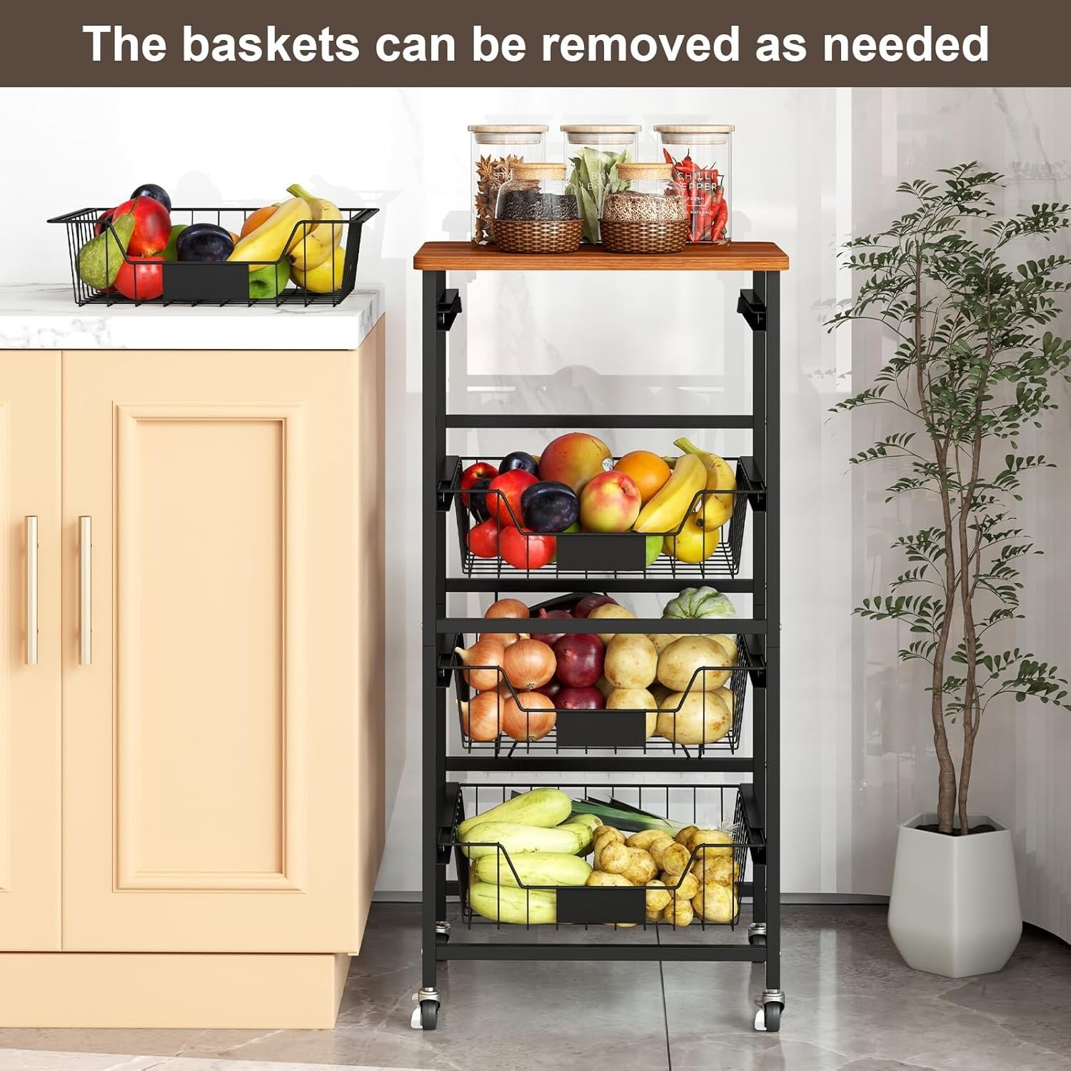 5 Tier Rolling Storage Cart Kitchen Utility Trolley Pull Out Baskets Wheels