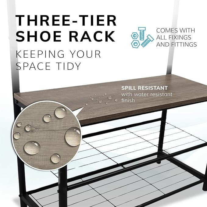 Light Brown Coat Rack with Shoe Storage | Industrial Hall Tree Stand