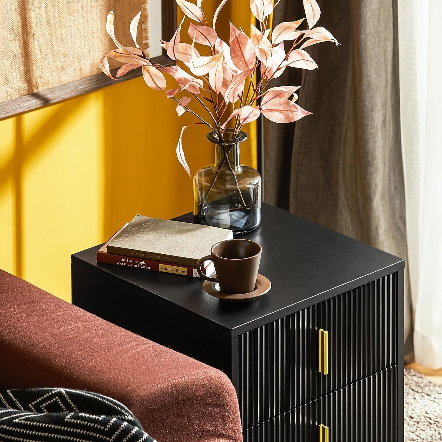 Black Bedside Table with 2 Drawers & Gold Legs – Modern Nightstand