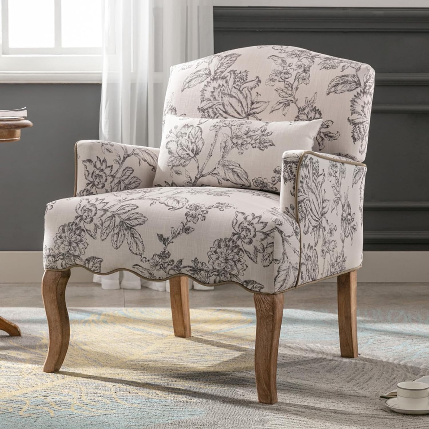 Retro Linen Armchair with Solid Wood Legs | Elegant Floral Accent Chair