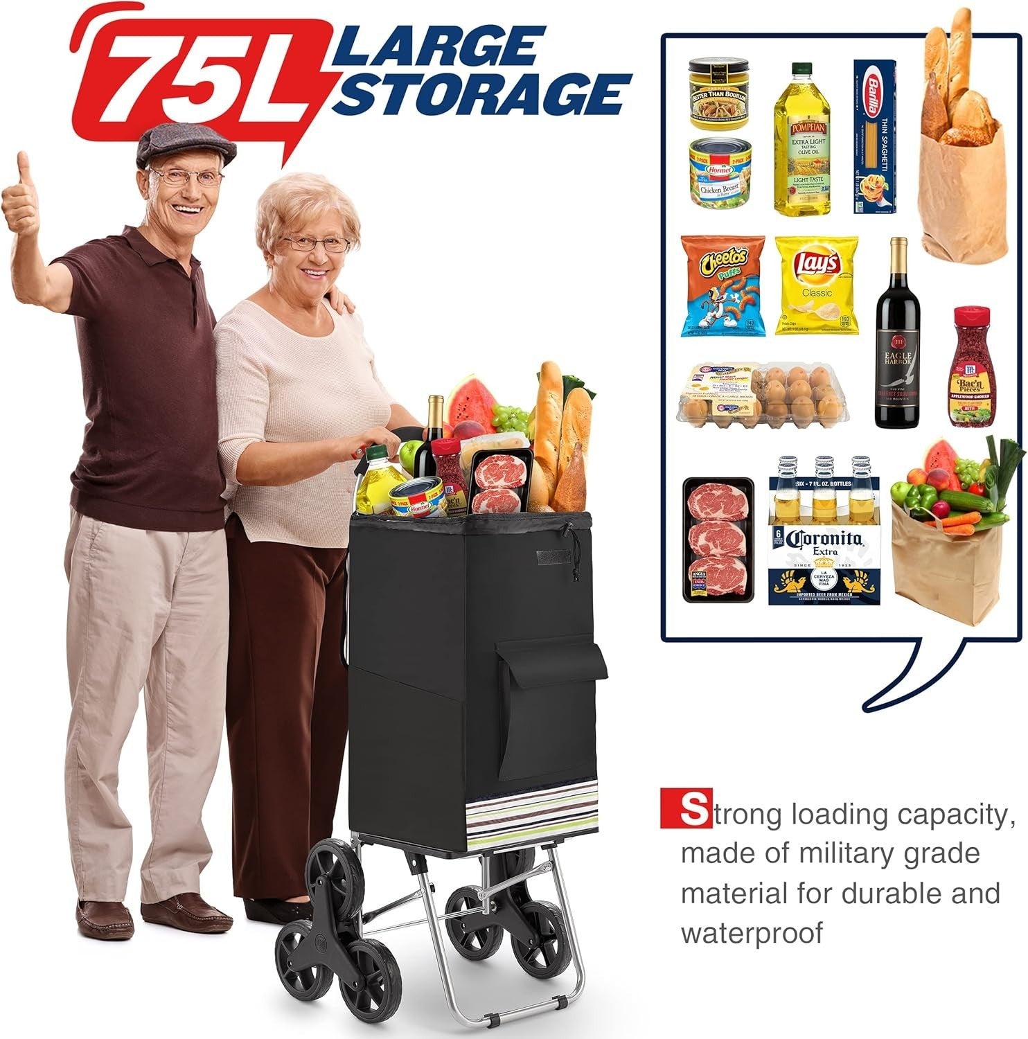 6 Wheel Foldable Shopping Trolley 75L Stair Climbing Cart Black 50kg