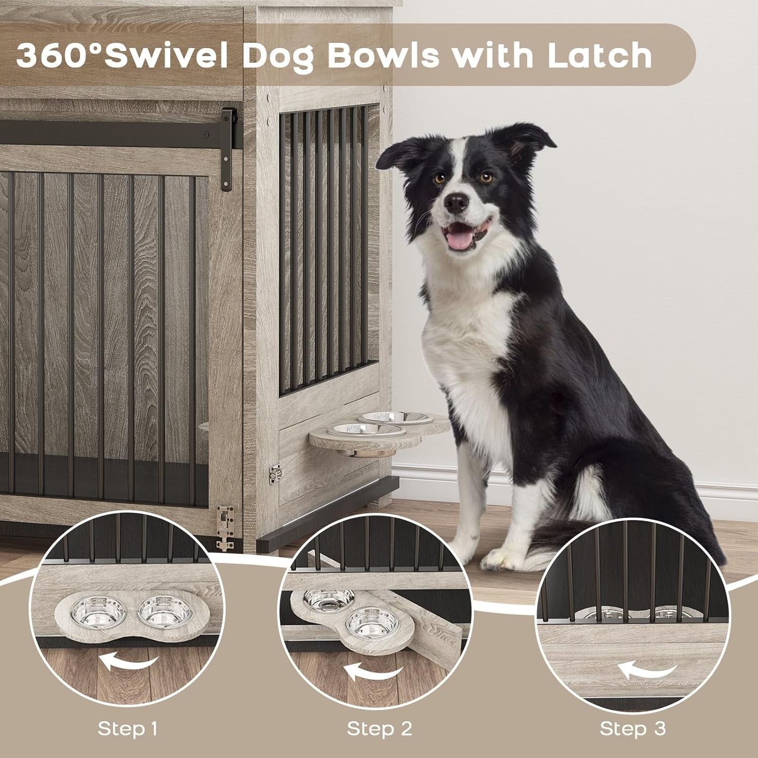 Large Indoor Wooden Dog Crate with Sliding Doors, Drawer & Rotatable Bowl