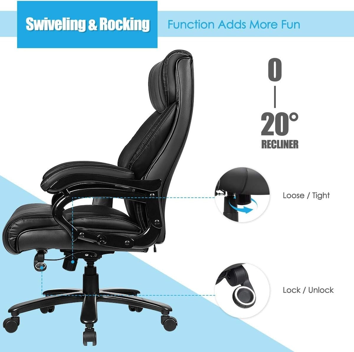 Big & Tall Massage Office Chair 400lbs PU Leather Swivel Recline Adjustable
