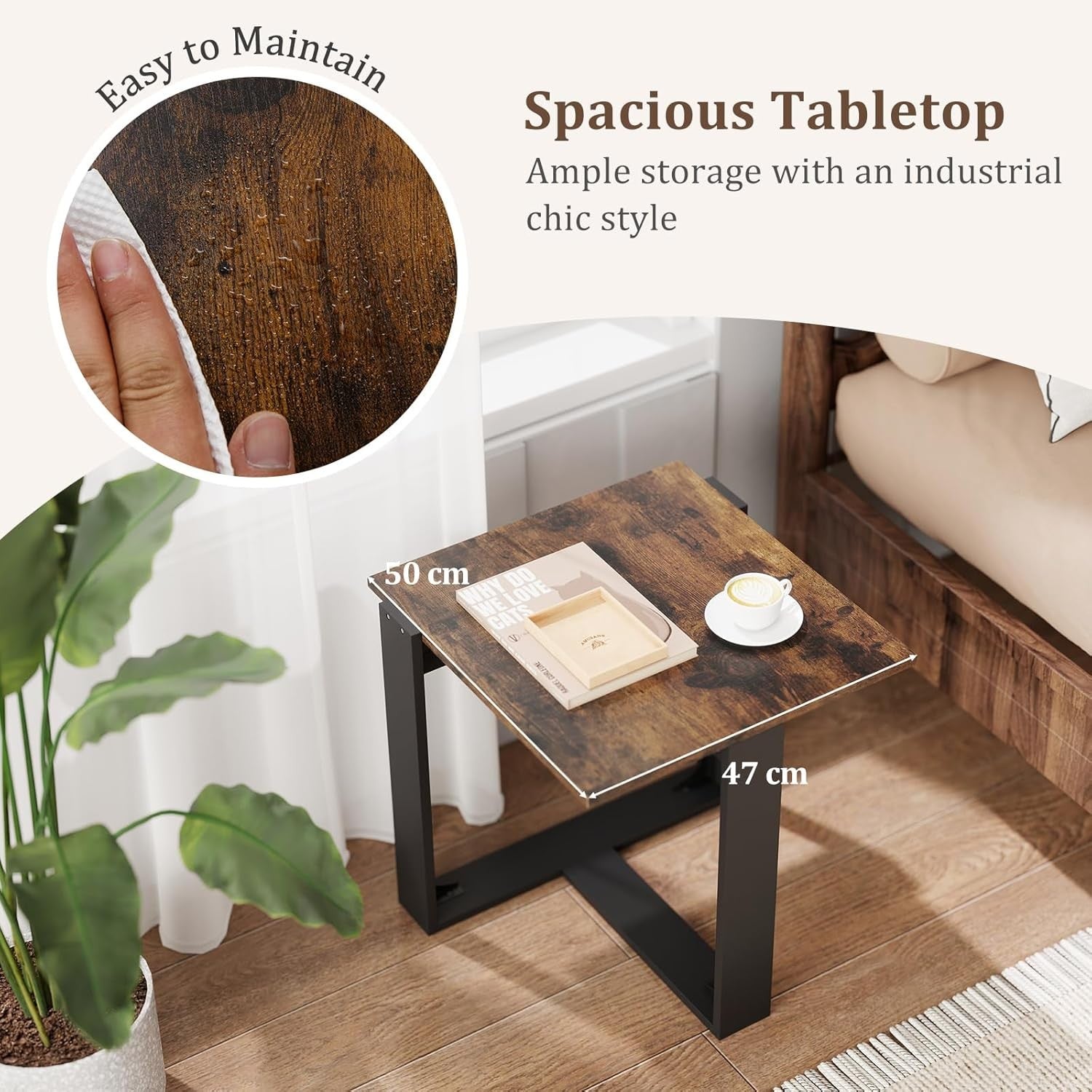 Industrial Side Table Rustic Brown | 50cm Square Sofa End Table Metal Base