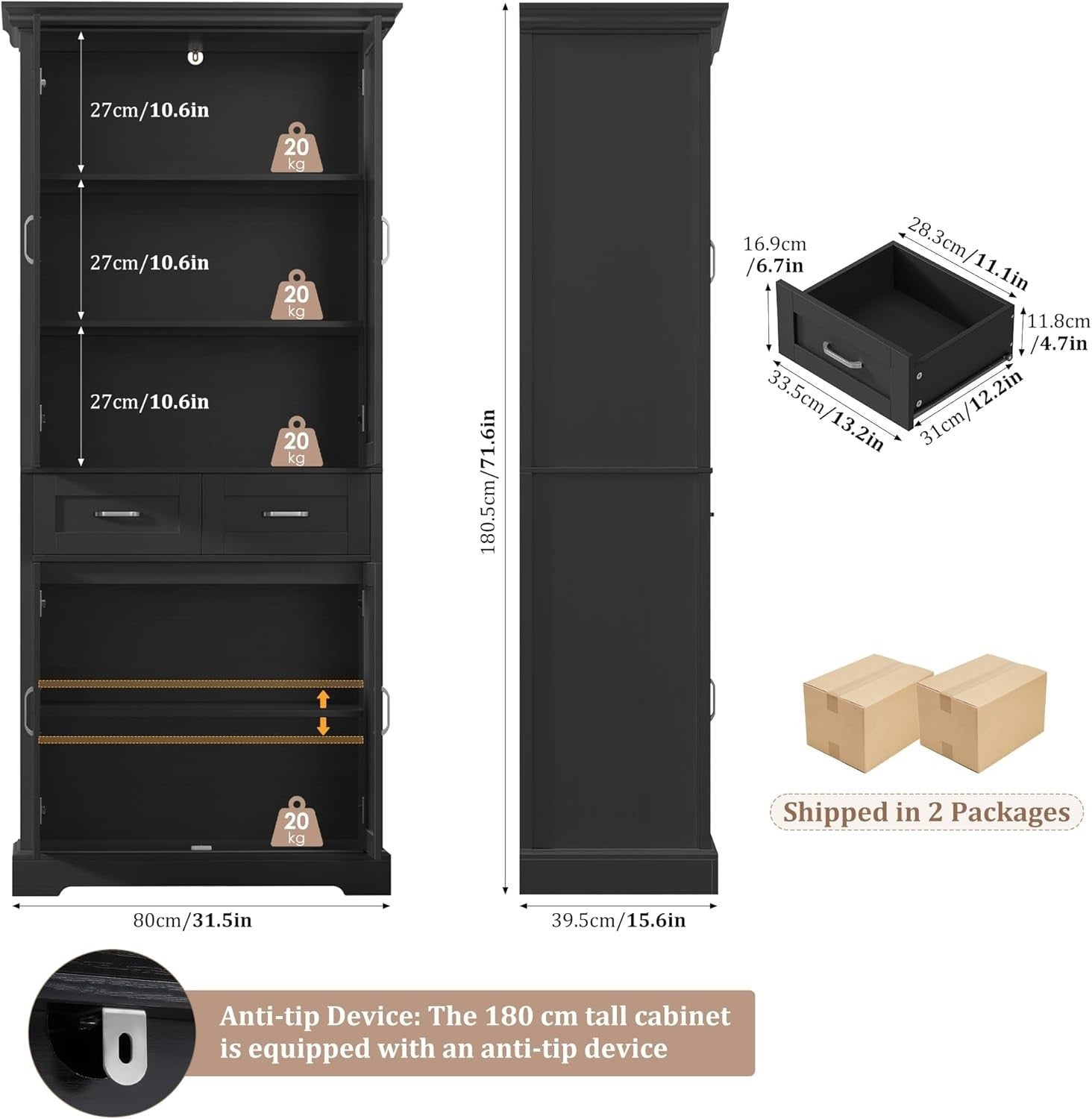 180.5cm Tall Kitchen Cupboard Black 4 Doors 2 Drawers Adjustable Shelves
