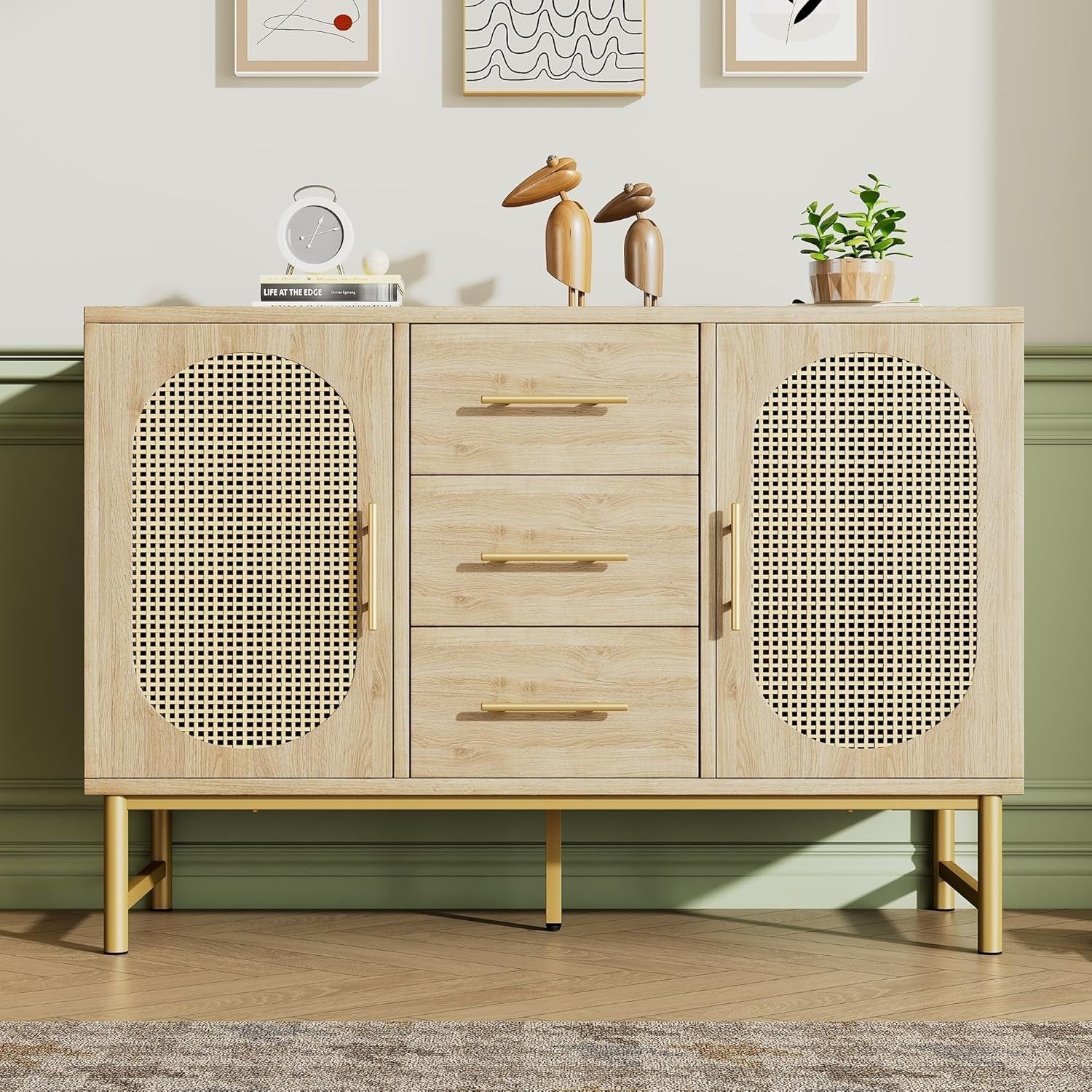 Rattan Sideboard Oak Storage Cabinet 3 Drawers 2 Doors 120cm Boho Chic