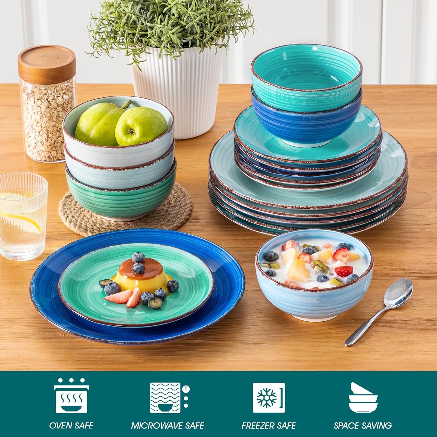 18pc Stoneware Dinner Set Blue Plates Bowls Hand Painted Spiral Design