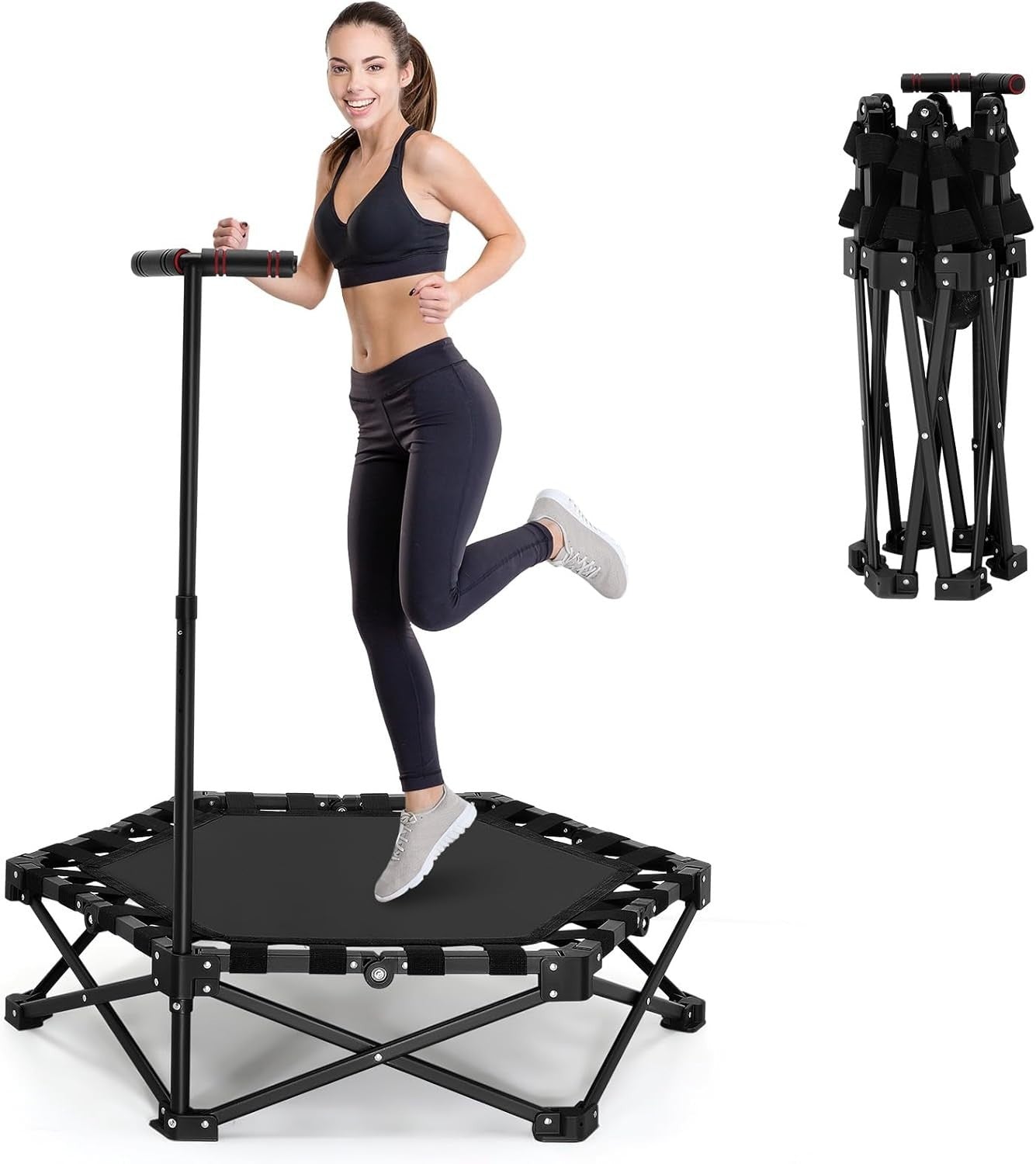 Foldable Fitness Trampoline Indoor Rebounder w Adjustable Handle 150kg