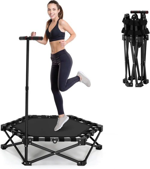 Foldable Fitness Trampoline Indoor Rebounder w Adjustable Handle 150kg