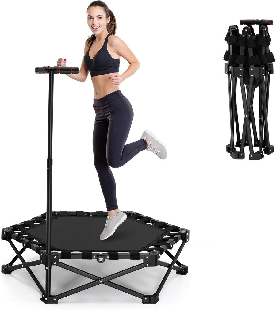 Foldable Fitness Trampoline Indoor Rebounder w Adjustable Handle 150kg