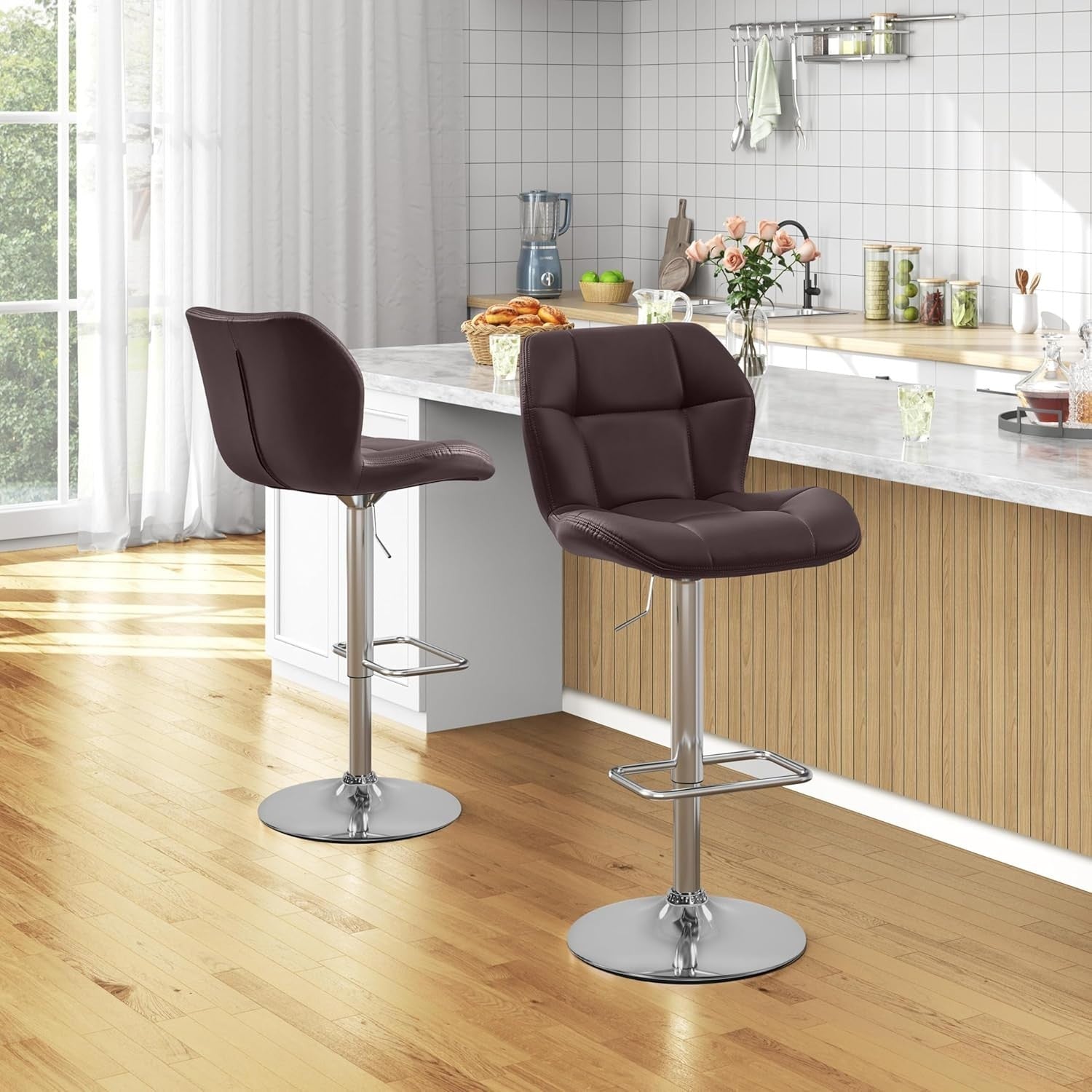 Adjustable Swivel Bar Stools Set of 2 Brown PU Counter Chairs