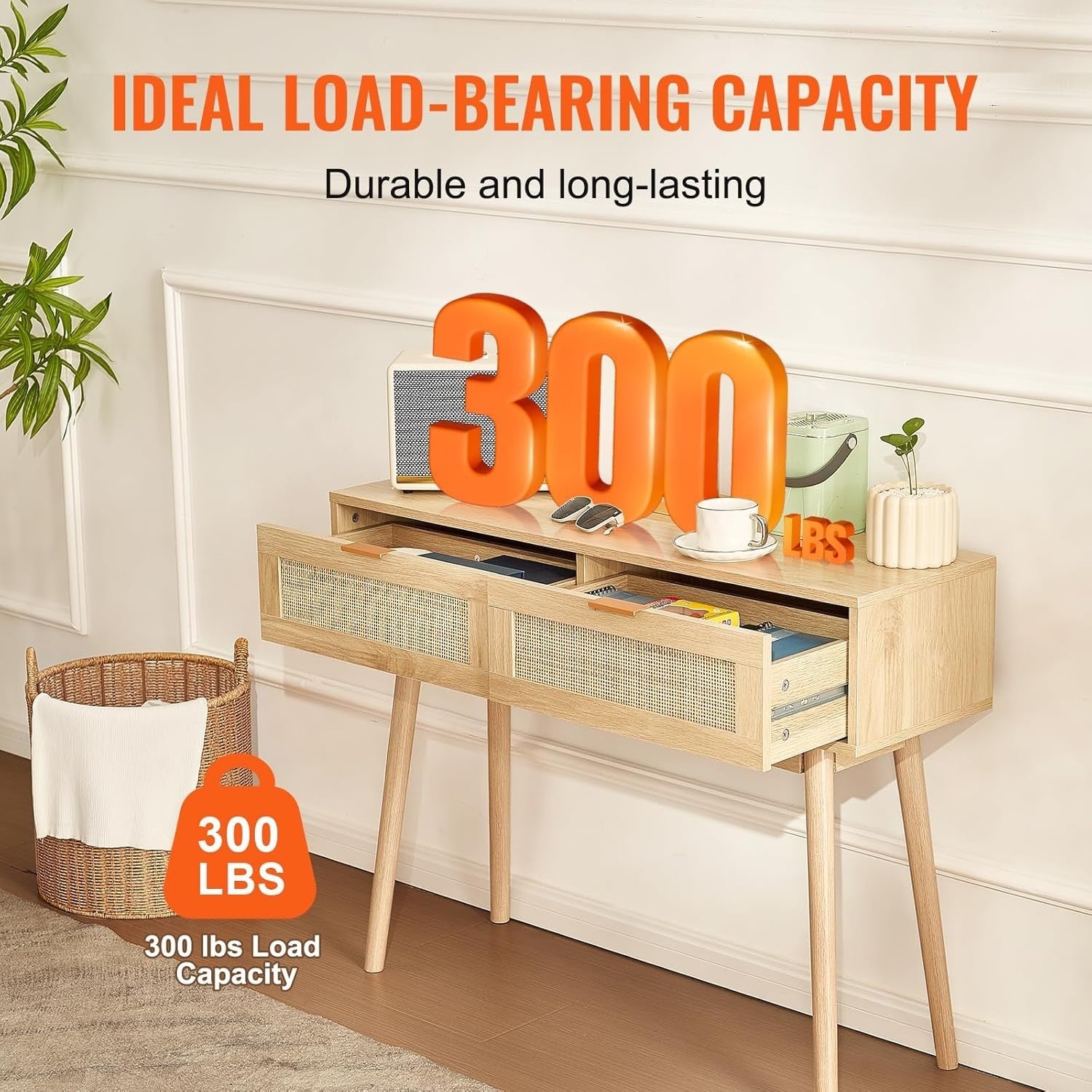 Rattan Console Table with Drawers & Shelf, Entryway Storage Unit 100cm