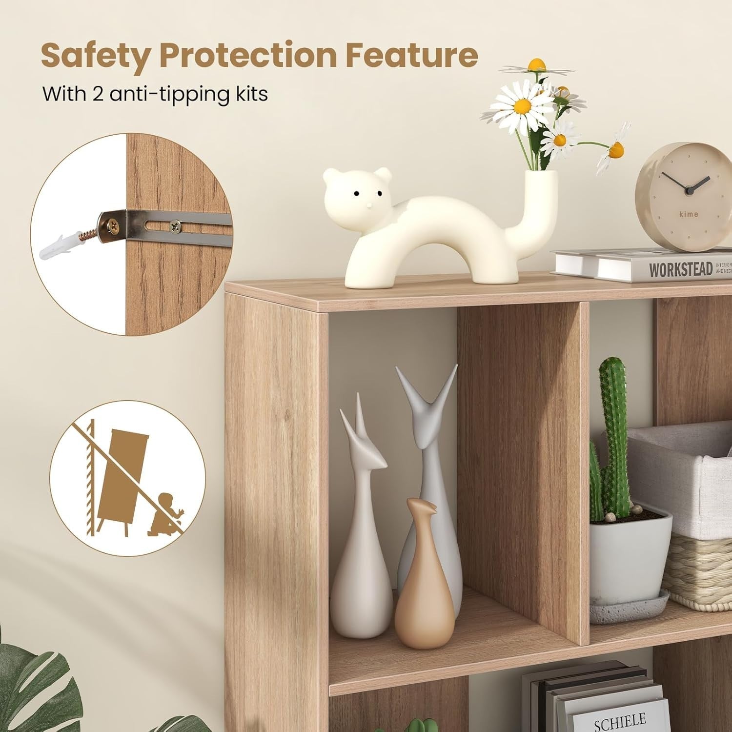 4-Cube Storage Bookcase Wooden Shelves Metal Legs Minimalist 90x30x90cm