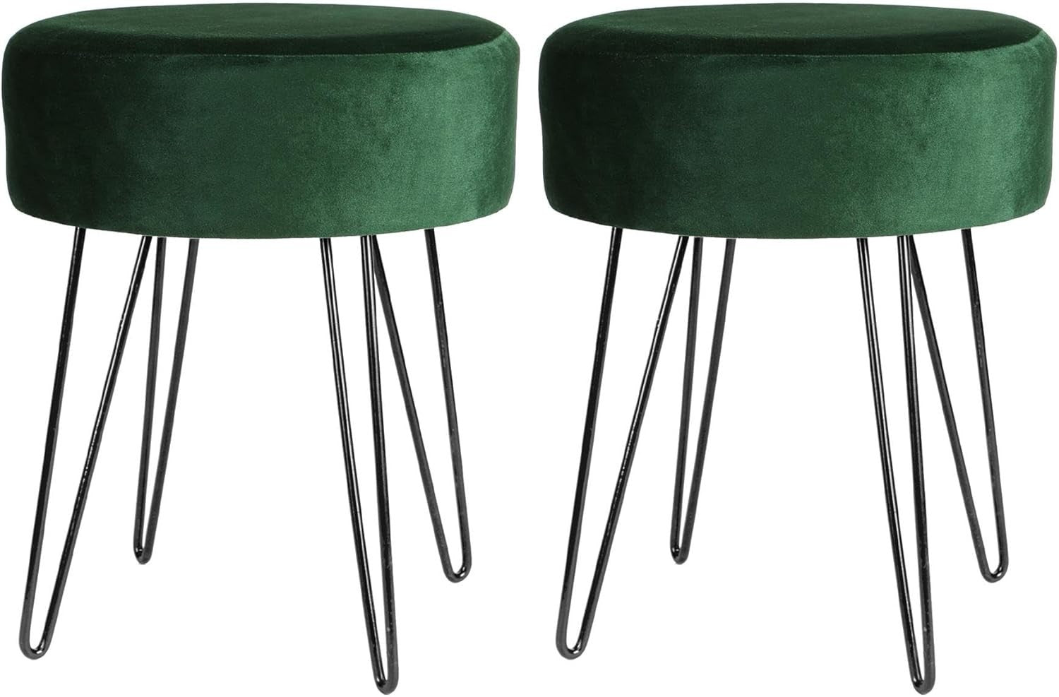 Set of 2 Green Velvet Footstools Black Legs Modern Round Pouffe Seats