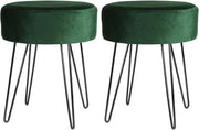Set of 2 Green Velvet Footstools Black Legs Modern Round Pouffe Seats