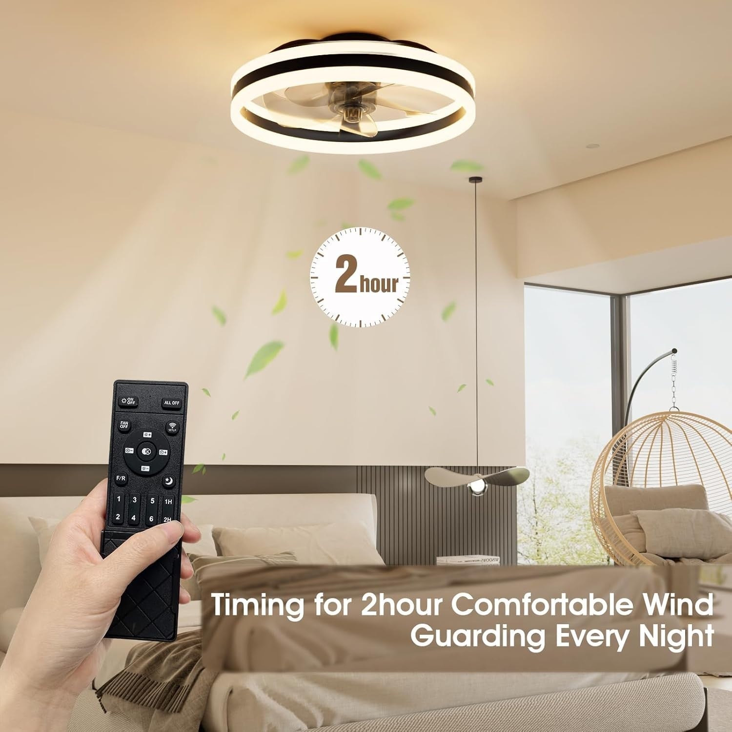 50cm LED Ceiling Fan Light Black, 6 Speeds Quiet Remote, Dimmable Modern