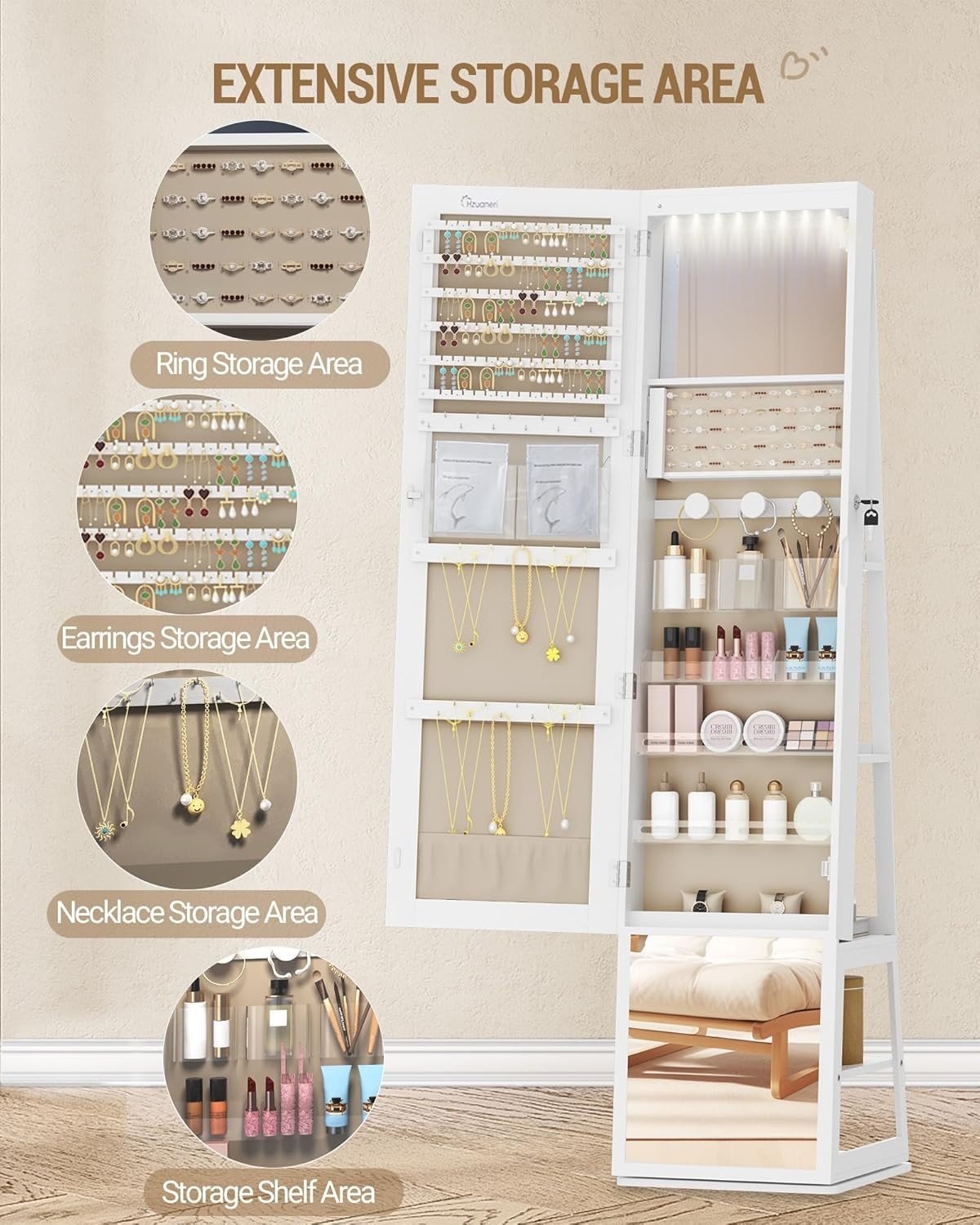 360° Rotating Mirror Jewellery Cabinet Lockable LED Storage Organizer