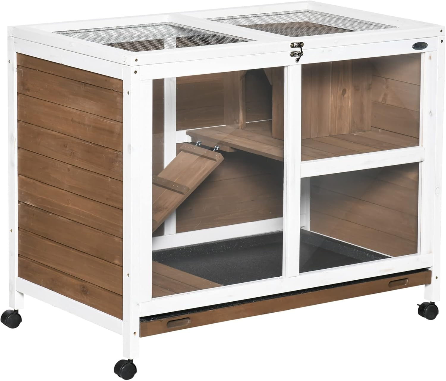 Indoor Rabbit Guinea Cage Wooden Hutch 2 Tier Wheels Open Roof