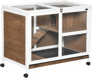 Indoor Rabbit Guinea Cage Wooden Hutch 2 Tier Wheels Open Roof