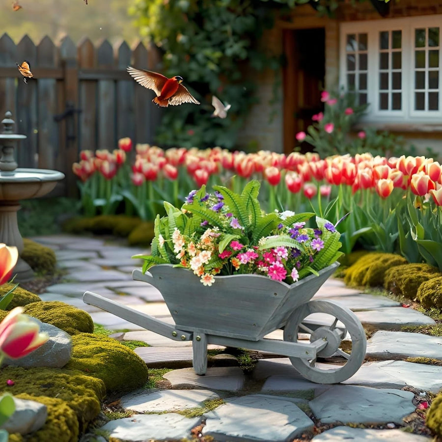 69cm Wooden Wheelbarrow Planter – Grey – Rustic Outdoor Garden Decor w/ Handles