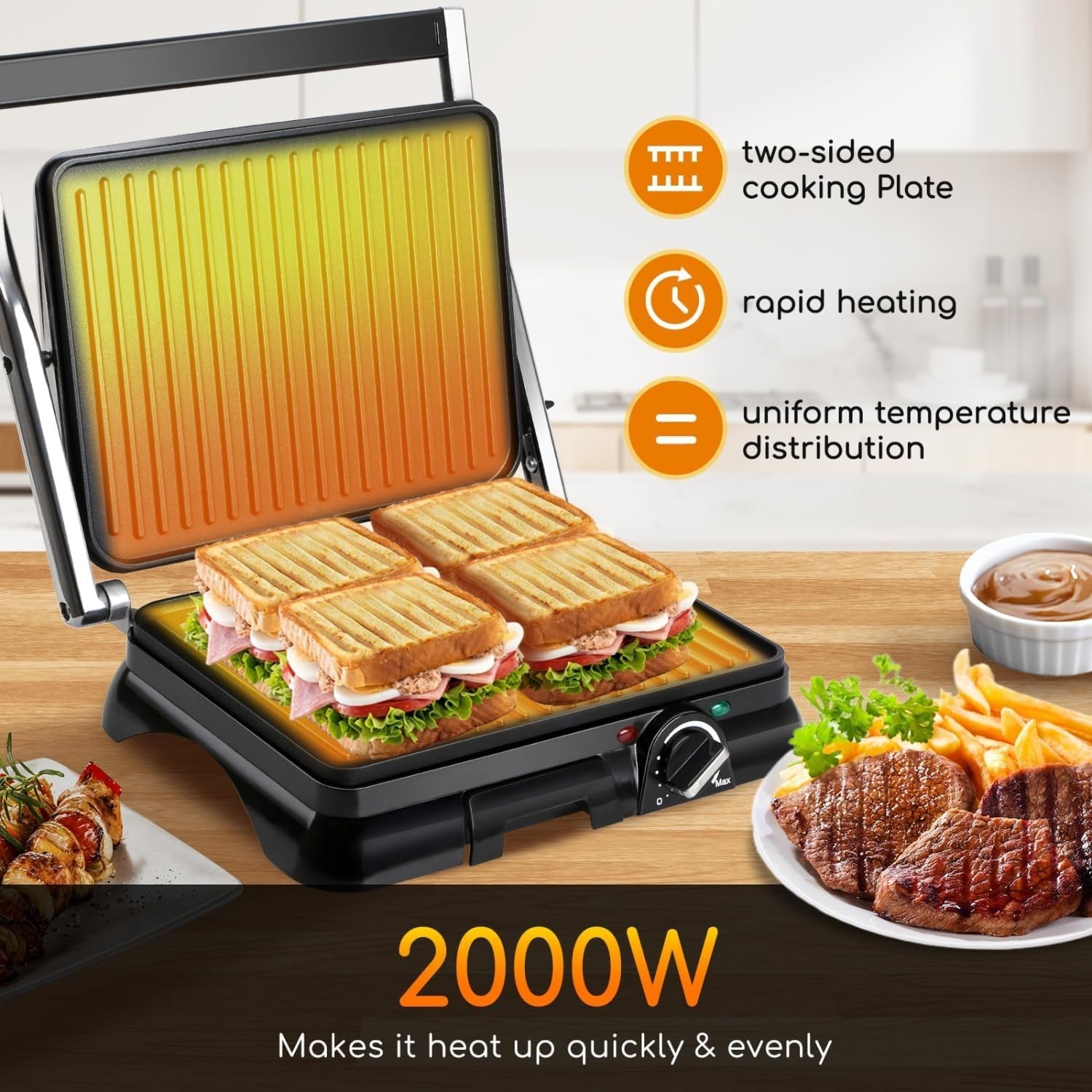 2000W Panini Press Grill 180° Deep Fill Sandwich 38cm Silver