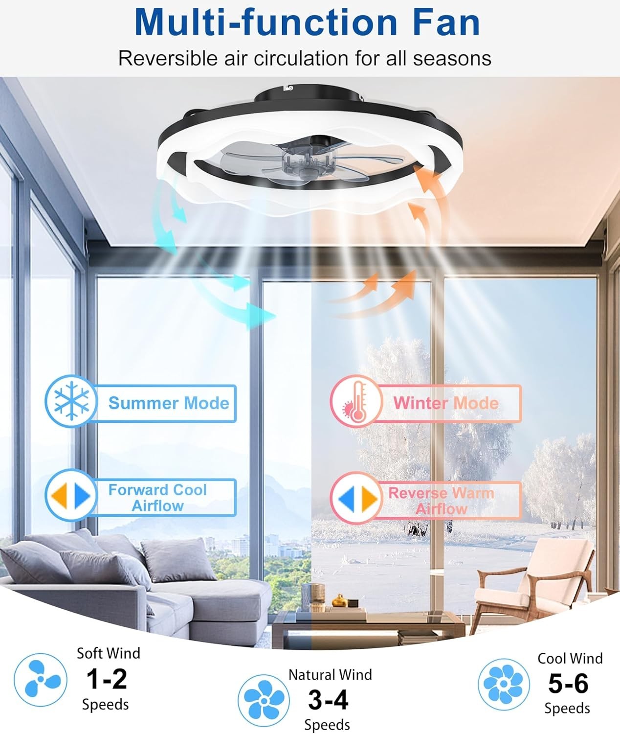 20" Ceiling Fan Light, 6 Speeds, Dimmable, Reversible, App & Remote, Black
