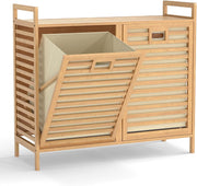 75L Bamboo Double Tilt-Out Laundry Hamper With Shelf Removable Bags Unit