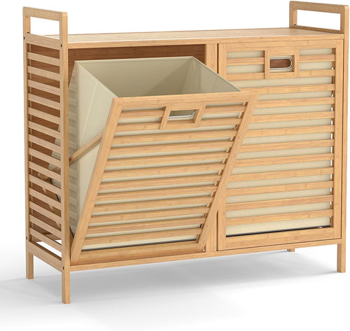 75L Bamboo Double Tilt-Out Laundry Hamper With Shelf Removable Bags Unit