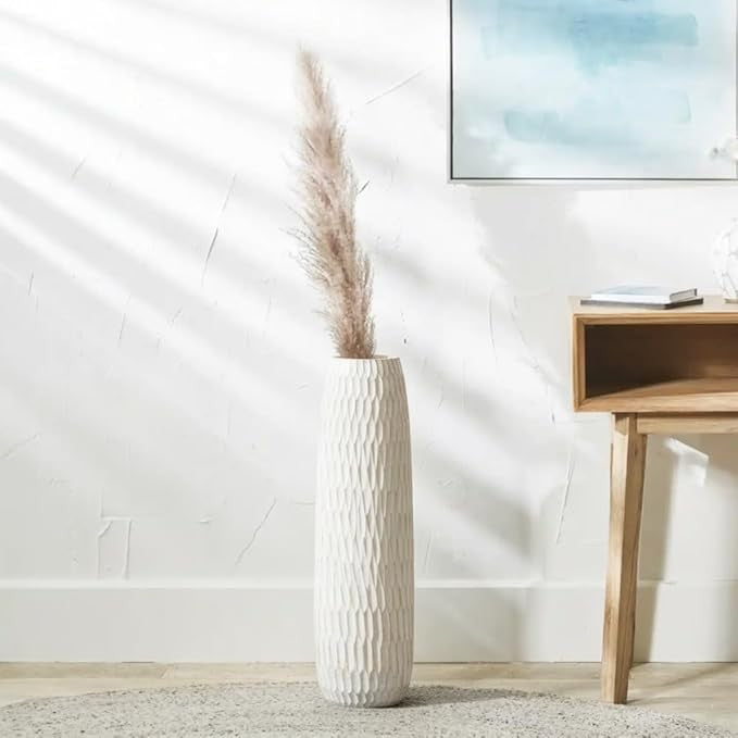 Tall White Floor Vase Resin Wood Effect Modern Boho Decor for Pampas Grass