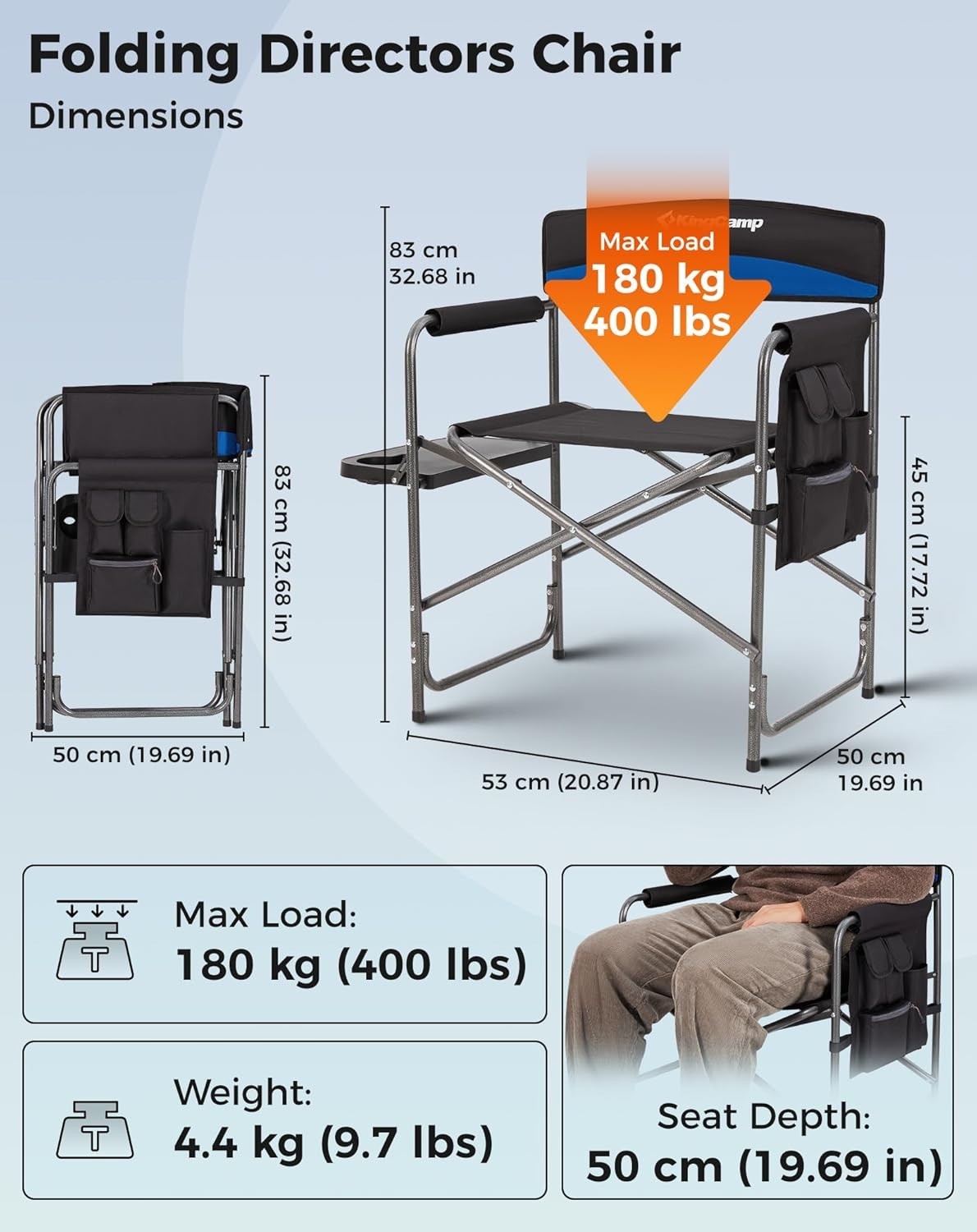 Folding Directors Camping Chair 400LB W/ Side Table Pockets Armrests