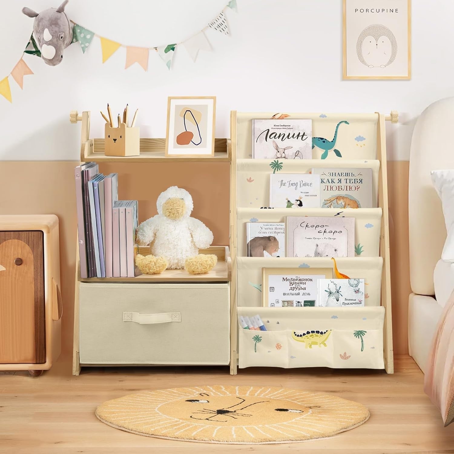 Dinosaur Kids Bookshelf & Toy Storage – 4-Tier Wooden Bookcase + Toy Chest