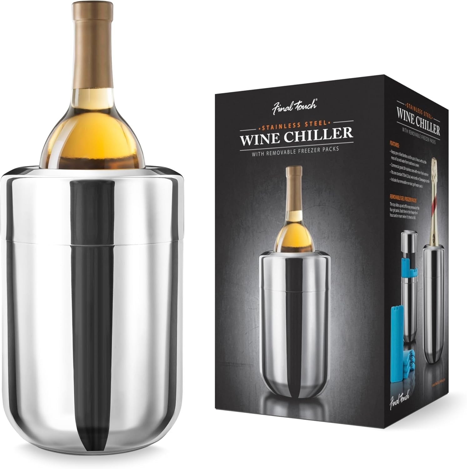 Wine Bottle Chiller Stainless Steel with Removable Gel Ice Packs 750ml