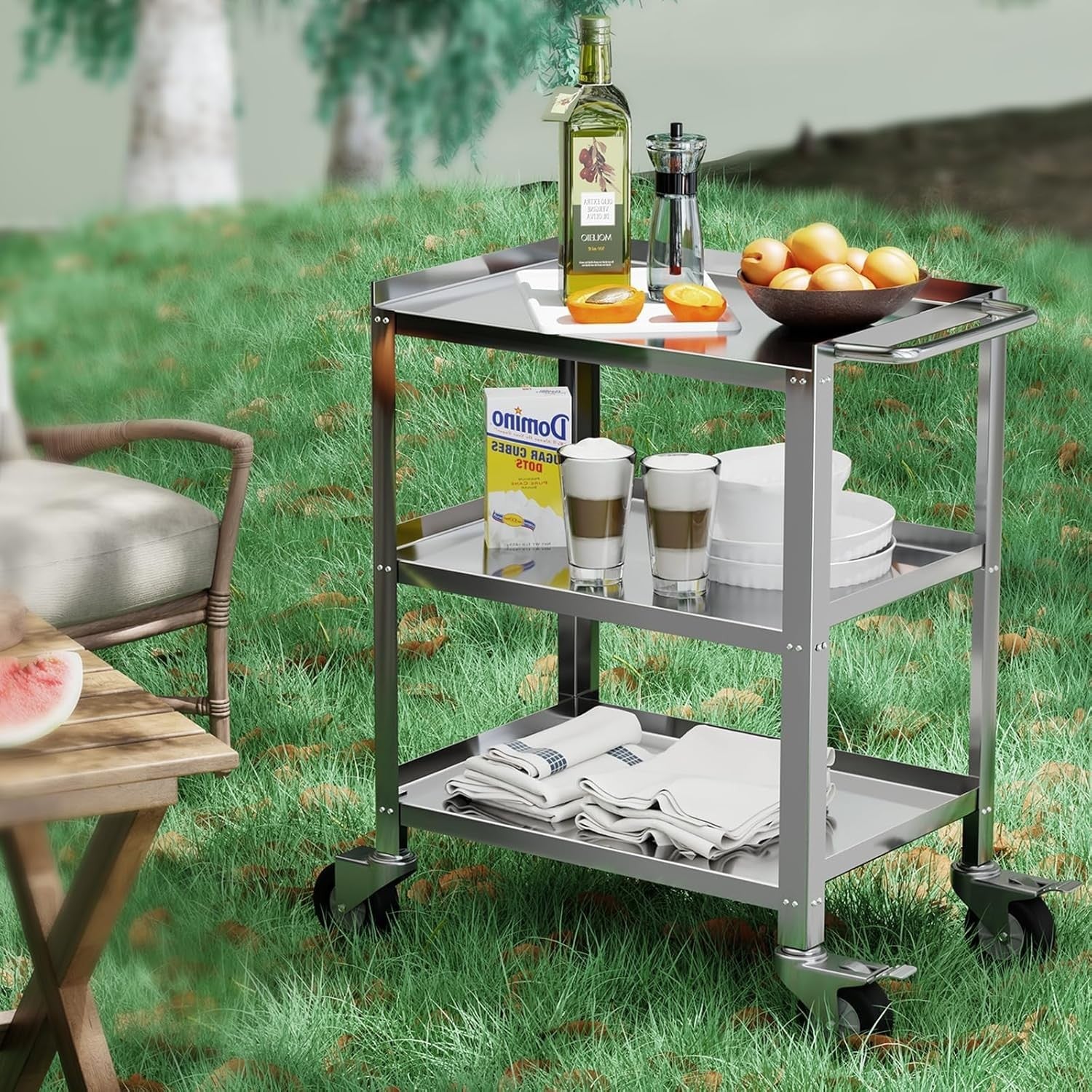 Stainless Steel Utility Cart 3 Tier Heavy Duty Serving Trolley Wheels
