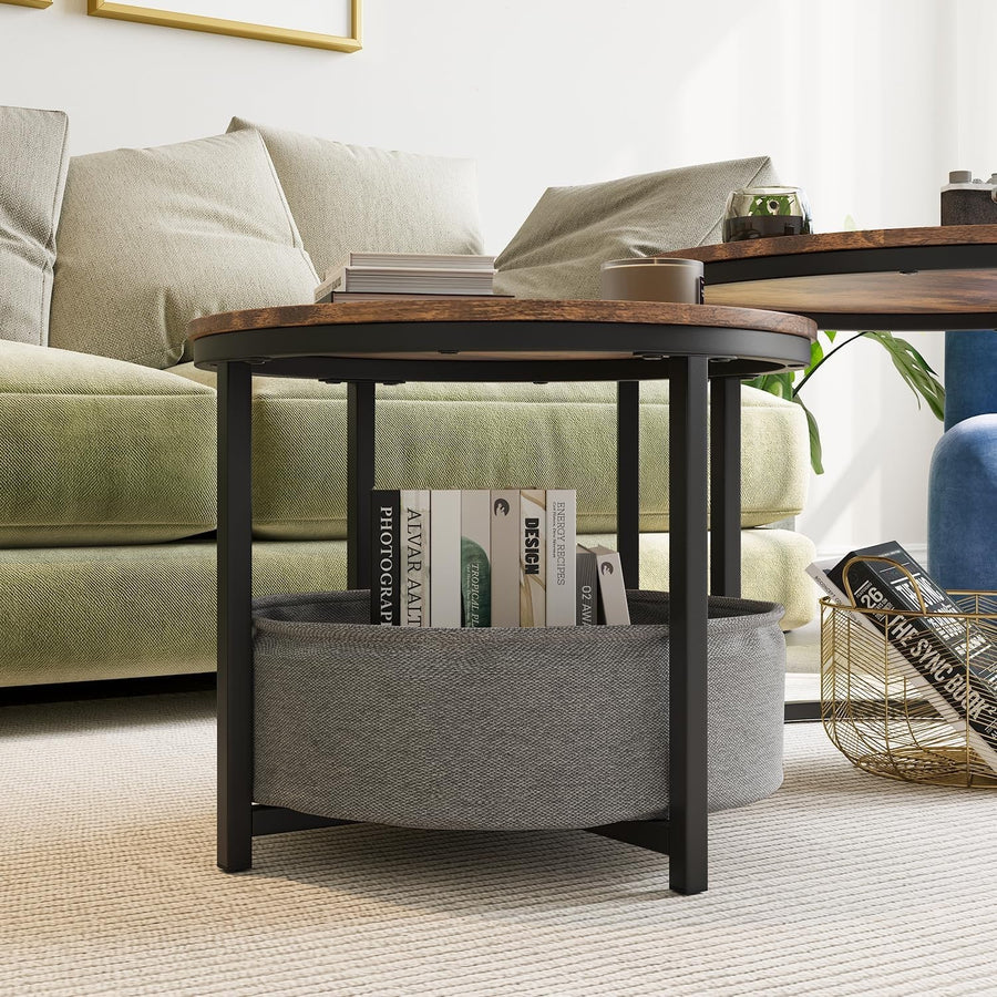 Round Coffee Table Nesting Set Brown Wood Top Iron Frame 120cm Modern
