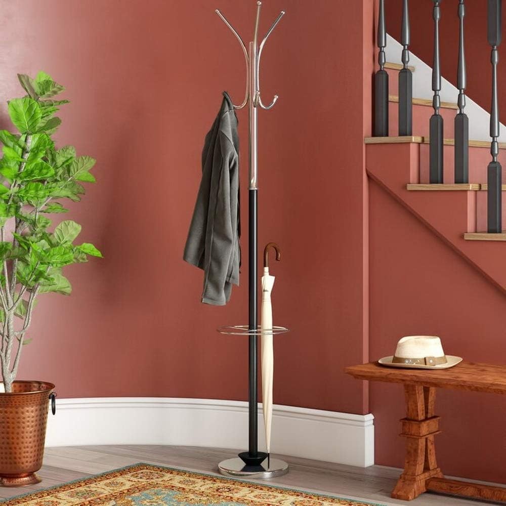 Chrome & Black Metal Coat Rack | Free Standing Hall Tree with Umbrella Base