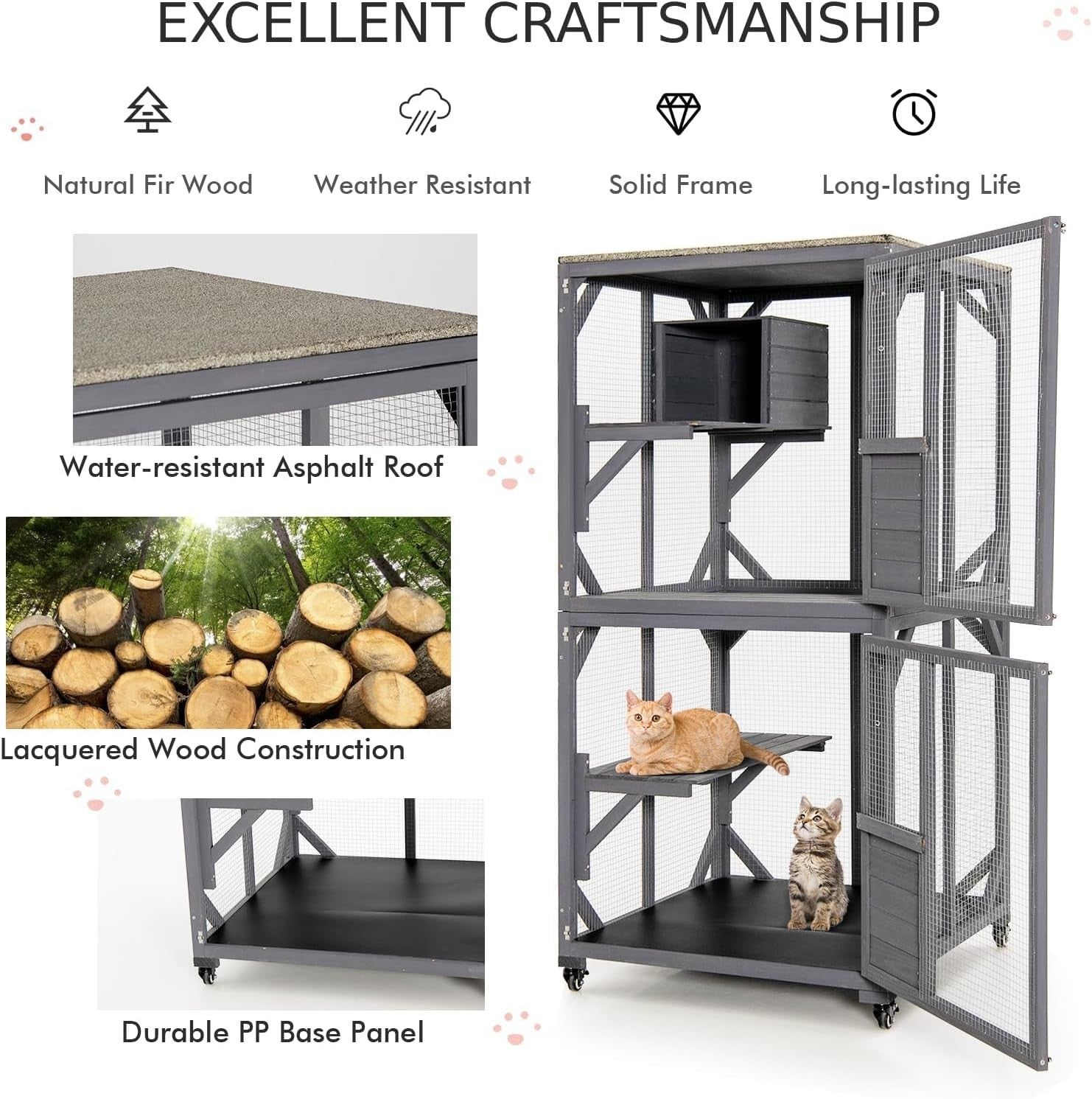 Large Outdoor Cat House with Platforms, Resting Box & Waterproof Roof
