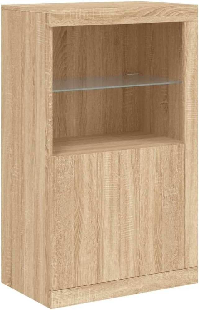 Modern Sonoma Oak Side Cabinet with LED Lights & Glass Shelf – Stylish Storage