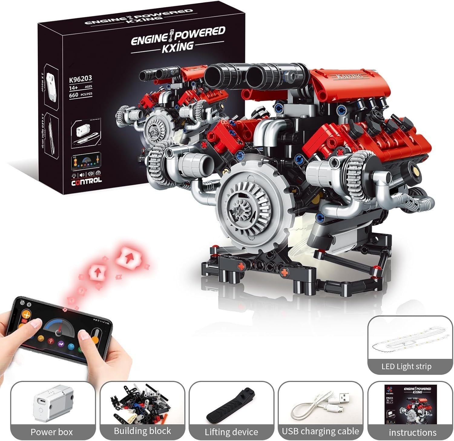 App-Controlled V8 Engine Building Kit STEM Toy for Kids & Adults, 665 Pieces