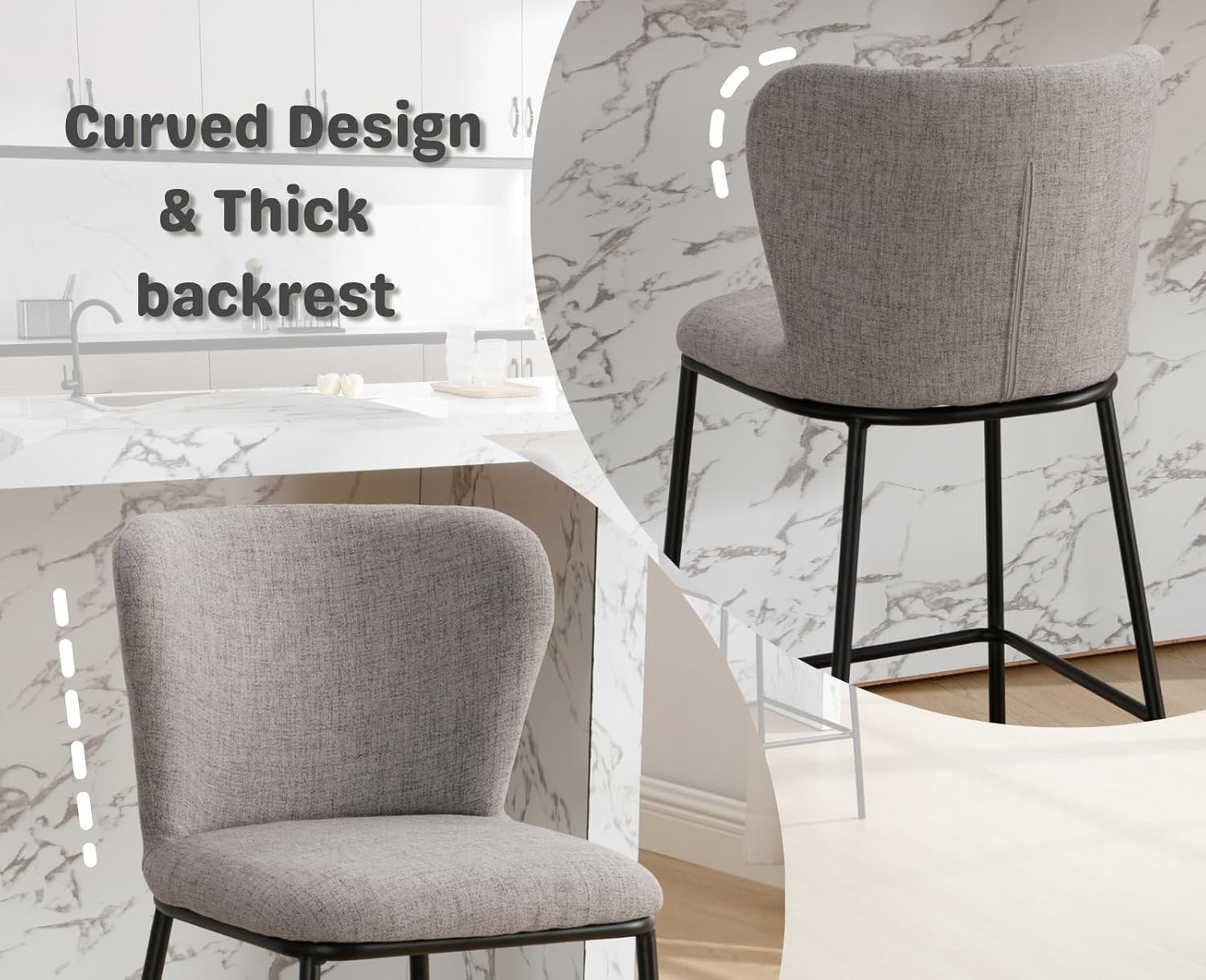 Grey Linen Bar Stool Set 2 – Upholstered High Counter Kitchen island Chairs
