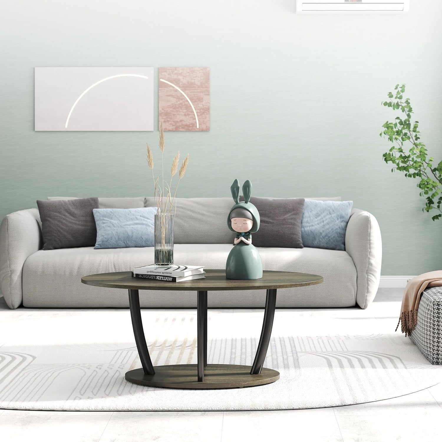 Oval 2-Tier Coffee Table with Storage Shelf, Modern Small Table 100x55cm