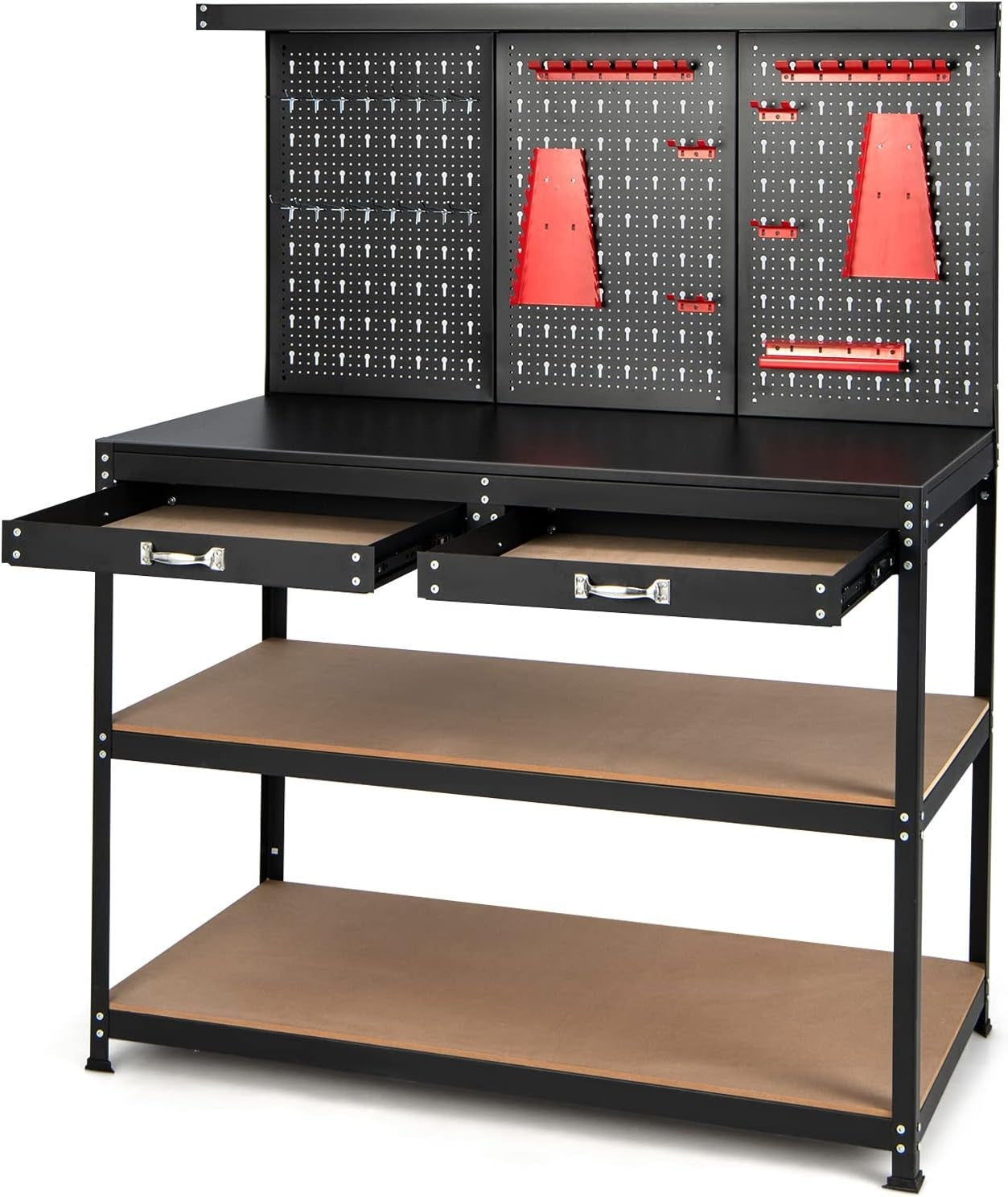 Heavy Duty Workbench 121x61x156cm Black+Red Pegboard 2 Drawers Shelves