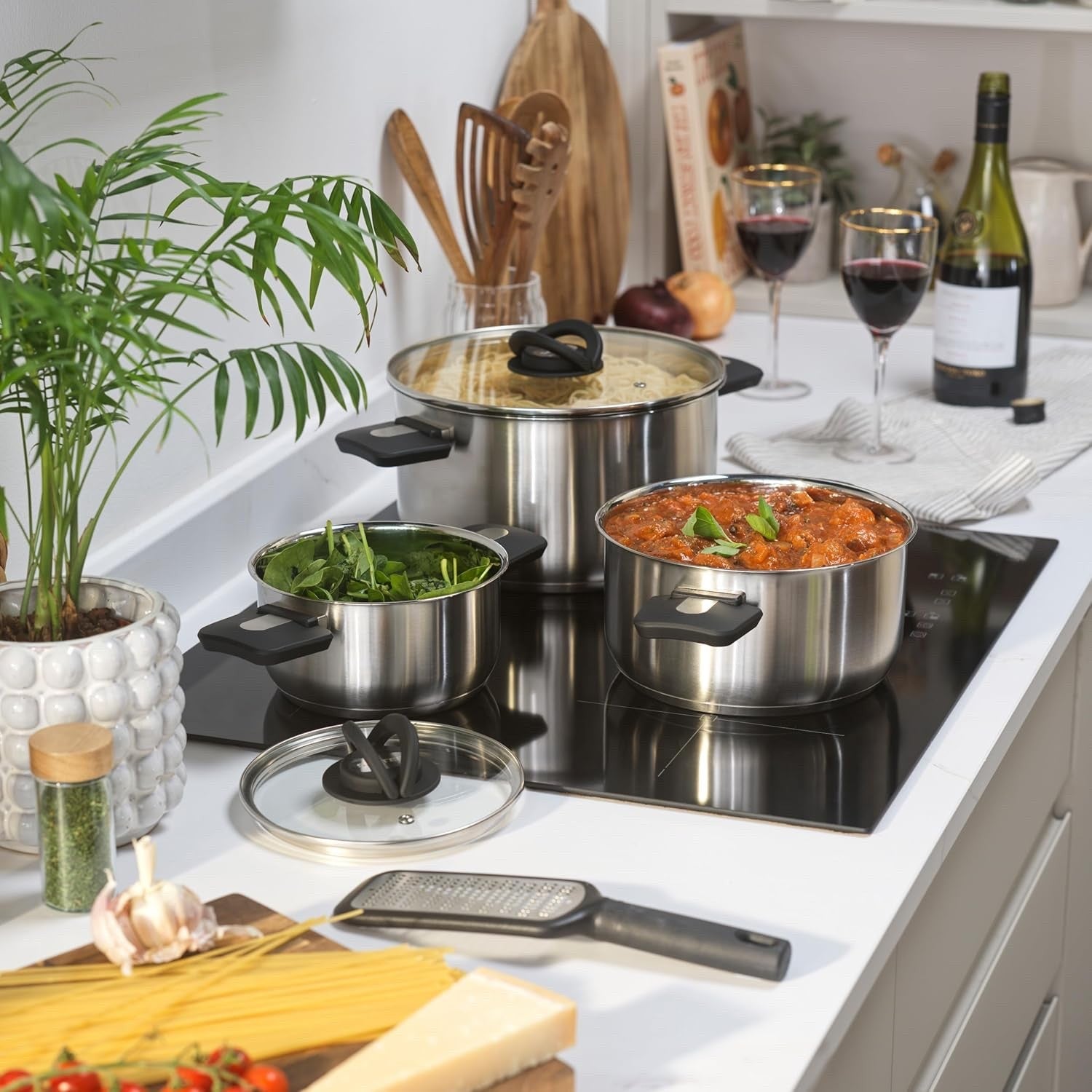 3pcs Stainless Steel Stockpot Set – 16 20 & 24 cm Induction Pans with Glass Lids
