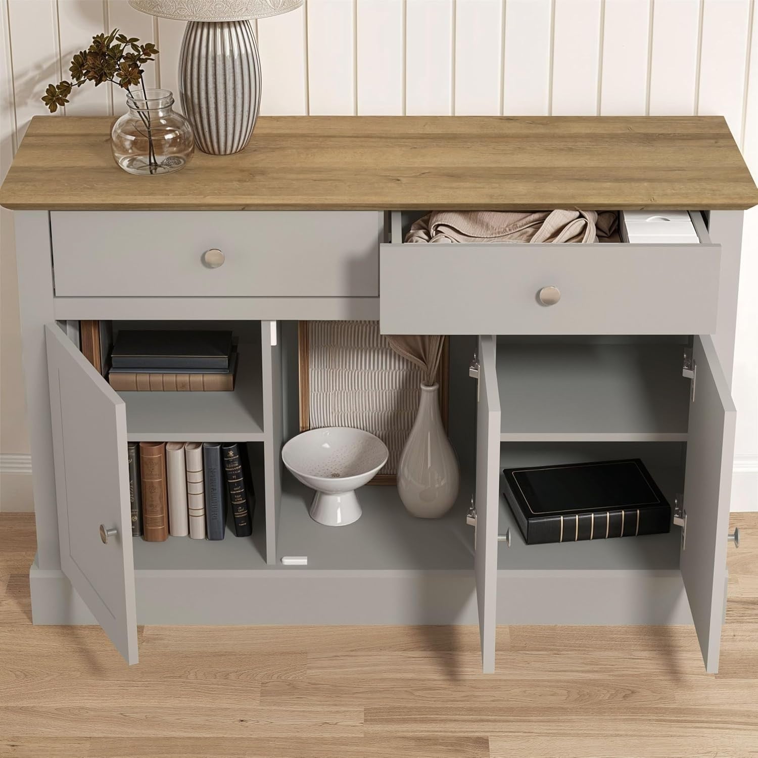 Grey Sideboard Cabinet with Drawers & Doors, Oak Top, Storage Unit